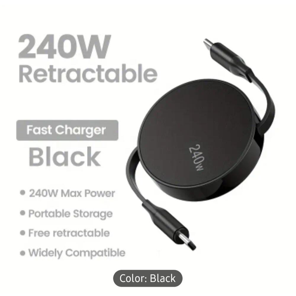 New Black Dual Head Type C 240W Retractable Fast Charging Power Cable